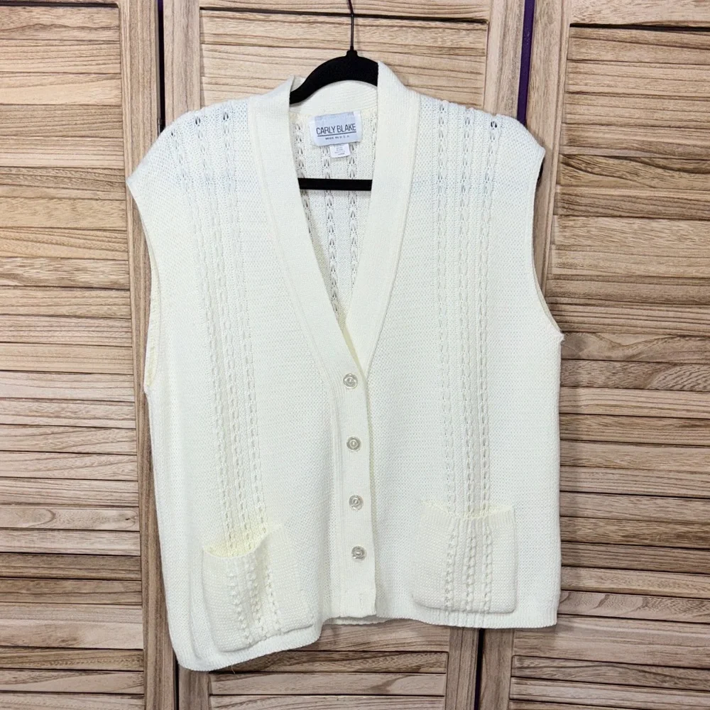 Carly Blake Ivory V-Neck Knit Button Down Sweater Vest Two Front Pockets Size L